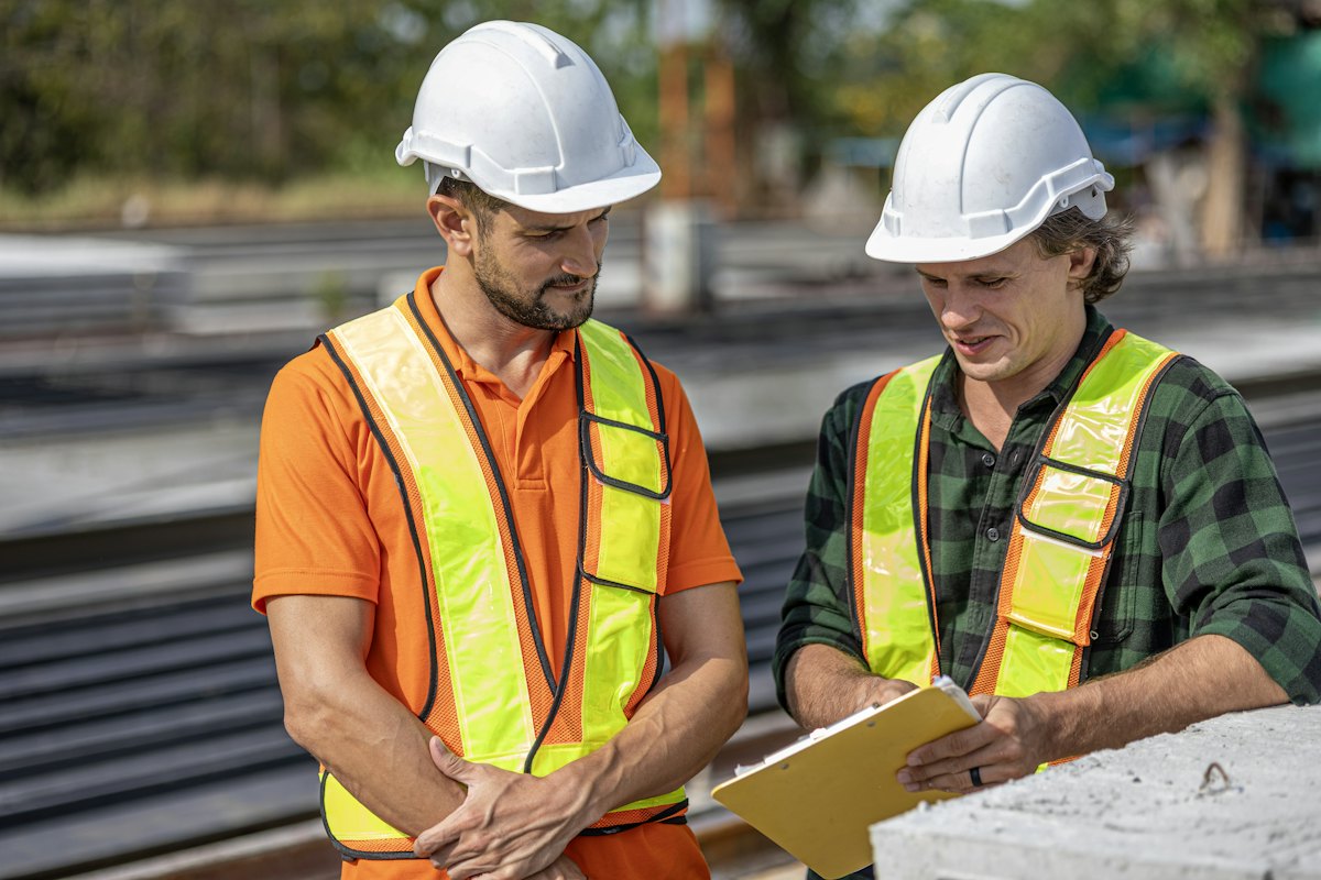 Deux professionnels du bâtiment en casque et gilet de sécurité relisent un document sur un chantier